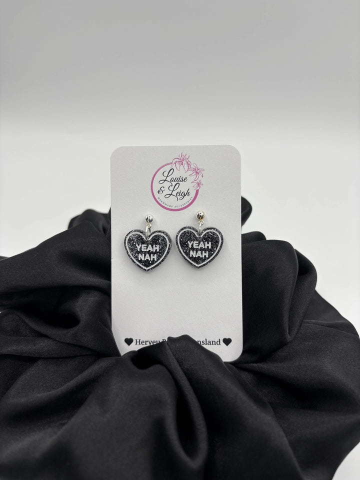 Charcoal Glitter Yeah Nah - Charm Earrings
